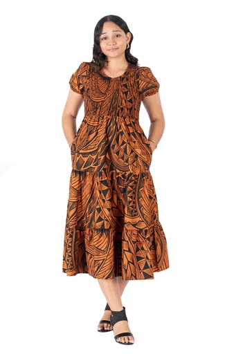 [LD4631] Tribal Origin Ladies Kyla Smocking Dress - FB1809 (10, Black/Brown)