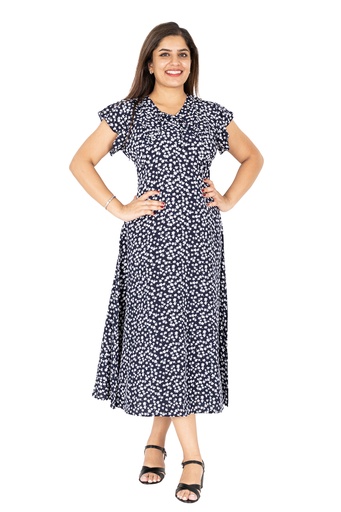 [LD4654] Nifty Soul V Neck Dress With Frill Sleeve (8, Navy)