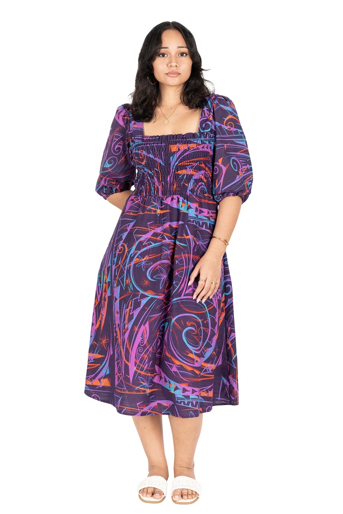 Akamu Square Neck Front Smocked Dress Tawa