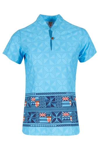 [LW4531] Fiji Day Ladies Chinese Collar Top - Banner (8, Blue)