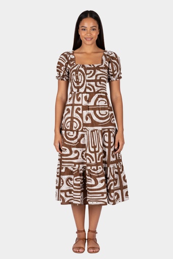 [LD5090] Akamu Farrah Smocked Midi Dress Drew (10, Dk Beige)