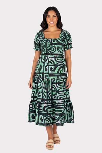 [LD5090] Akamu Farrah Smocked Midi Dress Drew (10, Hamrock)