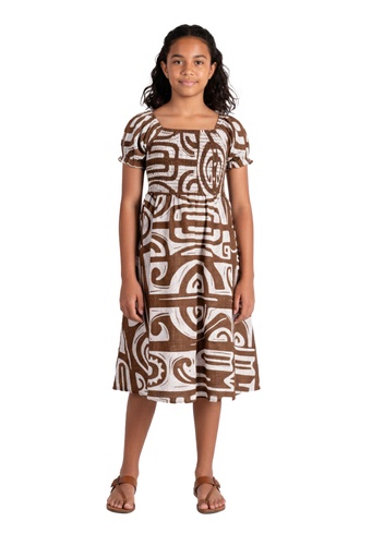 [LG2047] Akamu Girls Vali Smocked Dress Drew (4, Dk Beige)