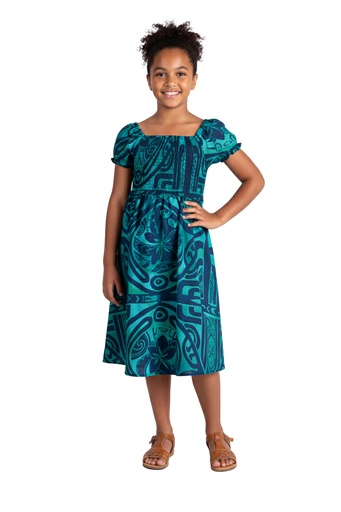 [LG2049] Akamu Girls Vali Smocked Dress Viriya (4, Teal)