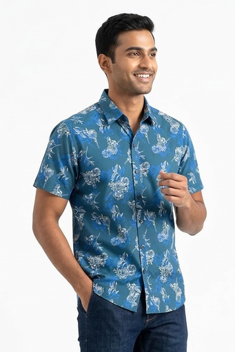 [SS4560] Krass Slim Fit Printed Shirt - Lavender Swirl  (S, Teal/Grey)
