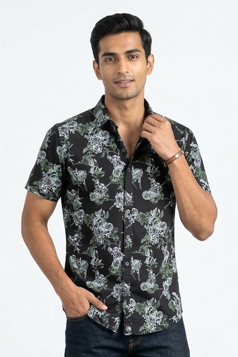 [SS4560] Krass Slim Fit Printed Shirt - Lavender Swirl  (S, Black/Lime)