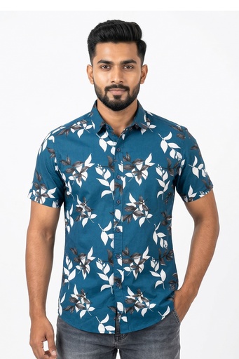 [SS4561] Krass Slim Fit Printed Shirt - Coastal Palm (S, Black)