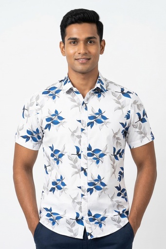 [SS4561] Krass Slim Fit Printed Shirt - Coastal Palm (S, White)