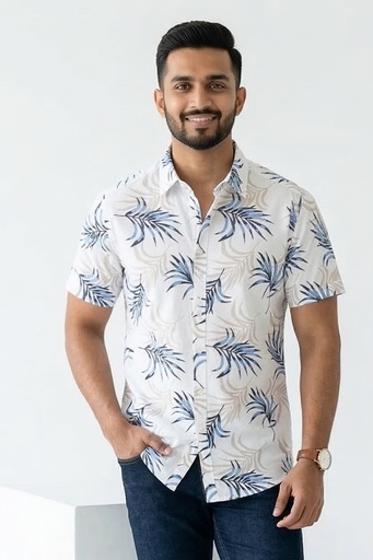 [SS4562] Krass Slim Fit Printed Shirt - Lunar Haze (S, White)