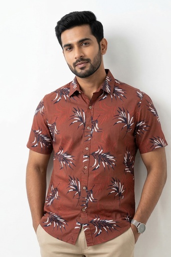 [SS4562] Krass Slim Fit Printed Shirt - Lunar Haze (S, Maroon )