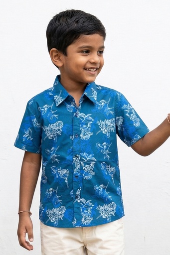 [SB2141] Krass Boys Slim Fit Printed Shirt - Lavender Swirl (2, Teal/Grey)