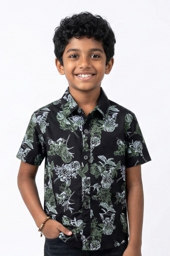 [SB2141] Krass Boys Slim Fit Printed Shirt - Lavender Swirl (2, Black/Lime)