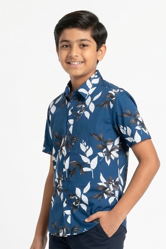 [SB2142] Krass Boys Slim Fit Printed Shirt - Coastal Palm (2, Black)
