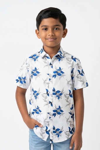 [SB2142] Krass Boys Slim Fit Printed Shirt - Coastal Palm (2, White)