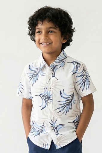 [SB2143] Krass Boys Slim Fit Printed Shirt - Lunar  Haze (2, White)