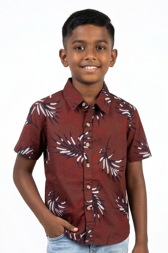[SB2143] Krass Boys Slim Fit Printed Shirt - Lunar  Haze (2, Maroon )