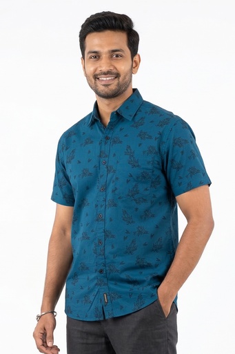[SS4429] Woodgreen Mens Straight Bottom Shirts - Desert Bloom  (S, Ink Blue)