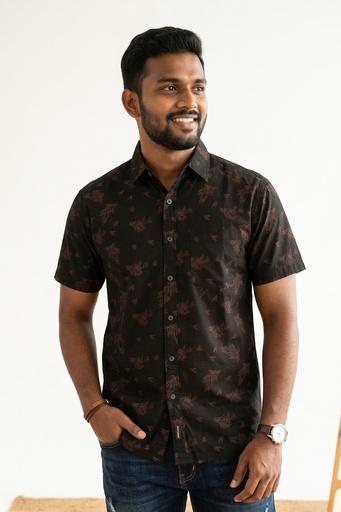 [SS4429] Woodgreen Mens Straight Bottom Shirts - Desert Bloom  (S, Black)
