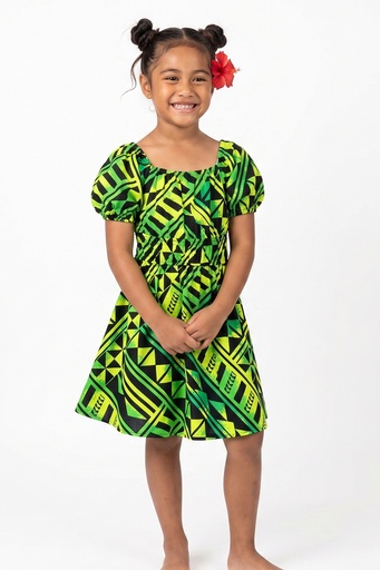 [LG2135] Tribal Origin Girls Mylie Dress- Kapa (2, Green/Black)