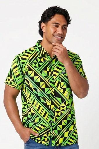 [SS4671] Tribal Origin Mens Bula Shirt- Kapa (S, Green/Black)