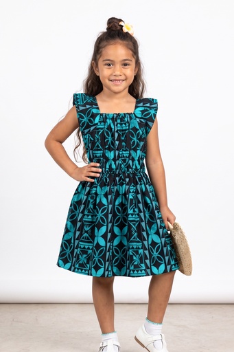 [LG2137] Tribal Origin Girls Lucy Dress - Senikau (2, Black/Teal)