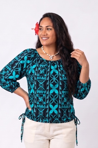 [LW4956] Tribal Origin Tie Waist Vale Top - Senikau (10, Black/Teal)
