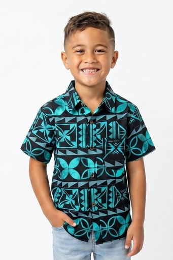 [SB2200] Tribal Origin Boys Bula Shirt- Senikau  (2, Black/Teal)