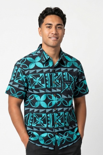 [SS4673] Tribal Origin Mens Bula Shirt- Senikau (S, Black/Teal)