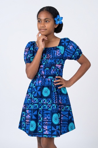 [LG2139] Tribal Origin Girls Mylie Dress- Tapa (2, Blue/Pink)
