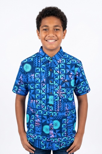 [SB2202] Tribal Origin Boys Bula Shirt- Tapa (2, Blue/ Pink)