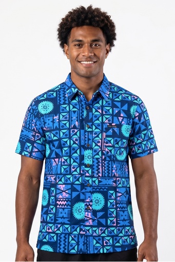 [SS4675] Tribal Origin Mens Bula Shirt- Tapa (S, Blue/Pink)