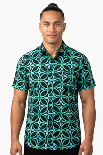 [SS4674] Tribal Origin Mens Bula Shirt- Siapo (S, Black/Green)
